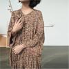 Johnature Dámské vintage nepravidelné šaty s květinovým potiskem, výstřihem do V a sedmirukávovými rukávy, podzimní měkké dámské šaty