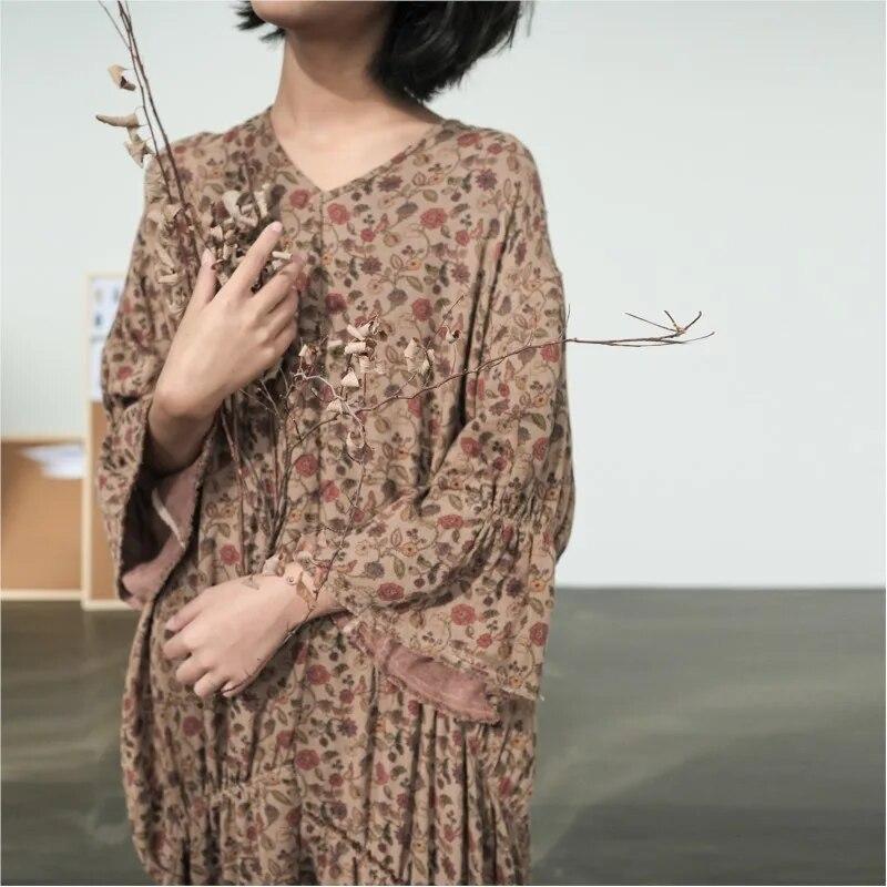 Johnature Dámské vintage nepravidelné šaty s květinovým potiskem, výstřihem do V a sedmirukávovými rukávy, podzimní měkké dámské šaty