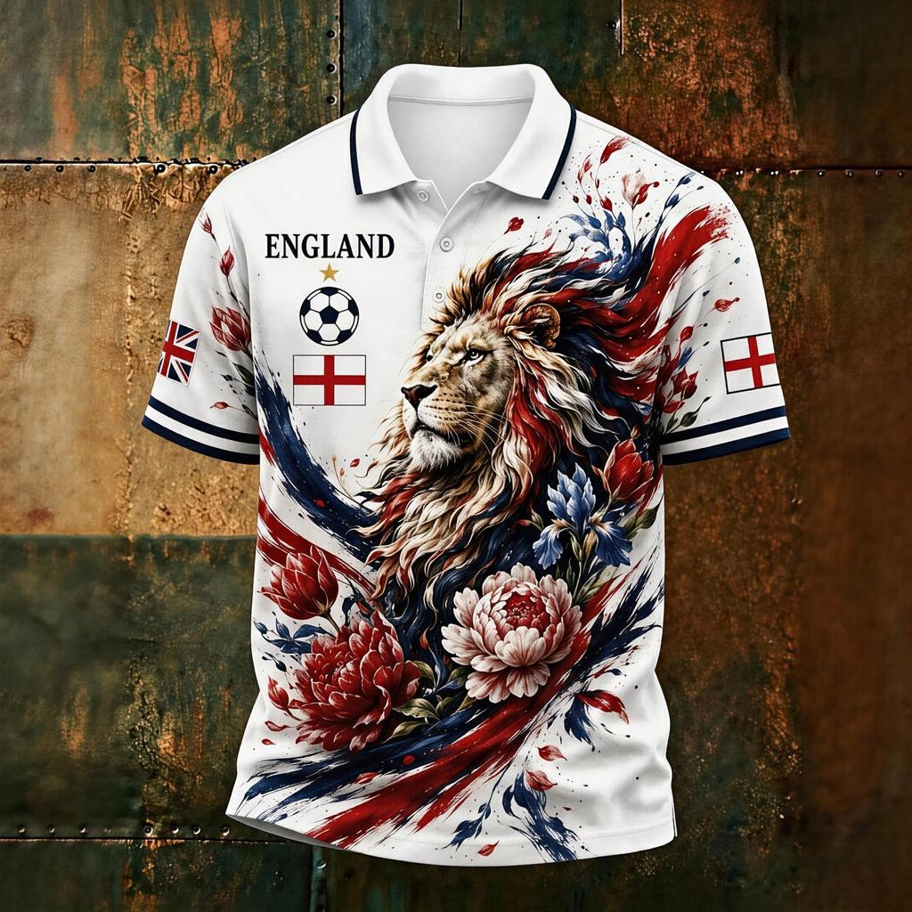 Men's Football Polo Shirt England Inspired Classic Fit Short Sleeve Sports Jersey Breathable Lightweight Fabric