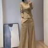 Elegant 2026 Outfit: High-End Khaki Top & Wide-Leg Pants with Chic, Waist-Cinched Design