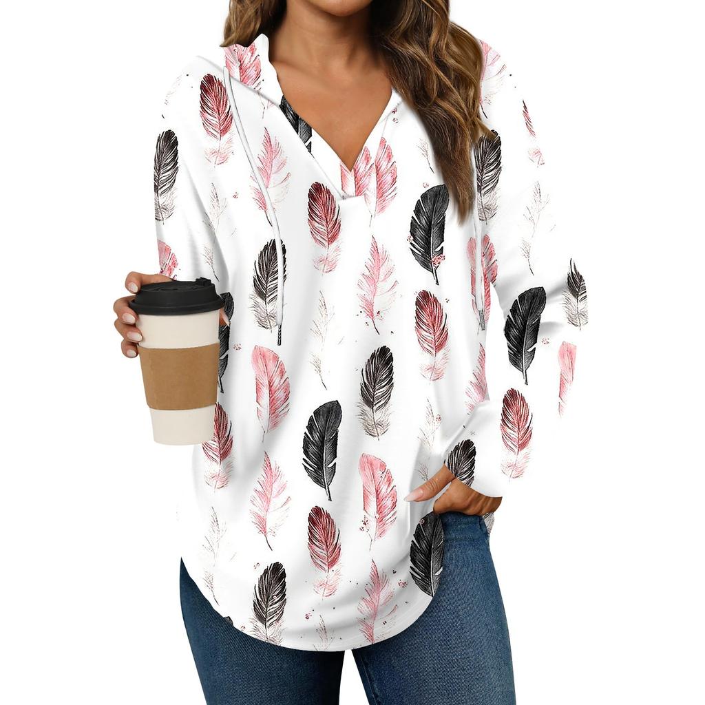 Damenmode Lässiges V-Ausschnitt Kordelzug Bedrucktes Langarm-Pullover-Oberteil