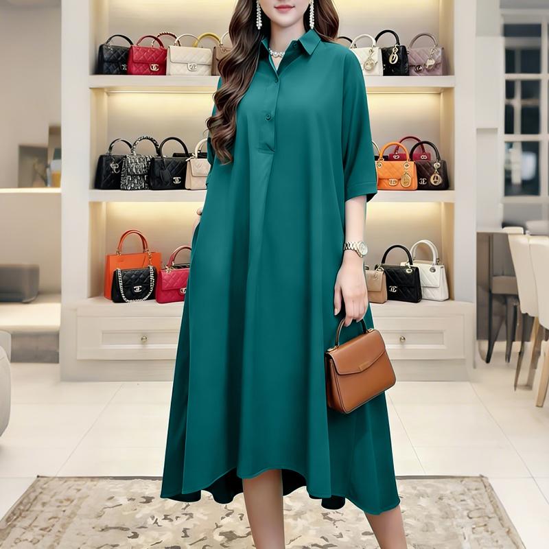 

ZANZEA Женское повседневное платье свободного кроя с отложным воротником и рукавами 3/4 S зелёный