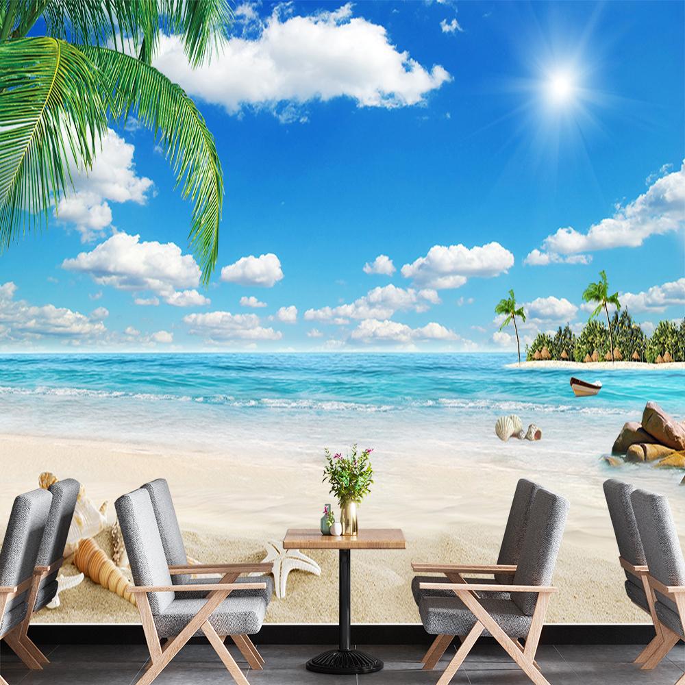 Modrá obloha plážová nástěnná malba kokosová palma malba výhled na moře tapeta obývací pokoj ložnice hotel 3d plážová tapeta