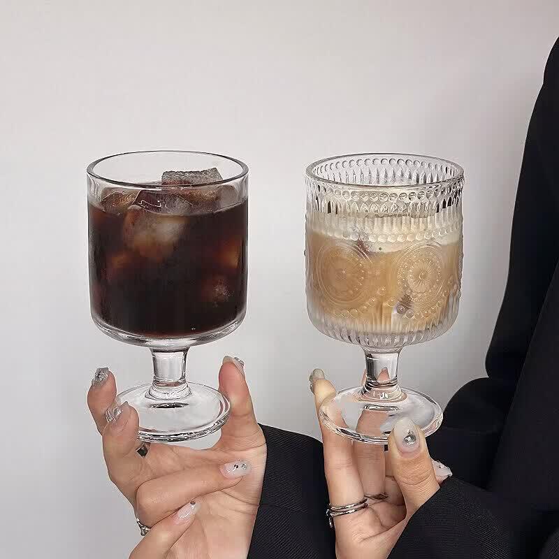 Retro Sunflower Embossed High-Leg Glass Cup
