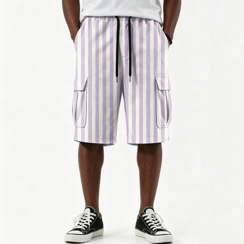 Men's Casual Striped Print Drawstring Shorts with Multiple Pockets Knee Length