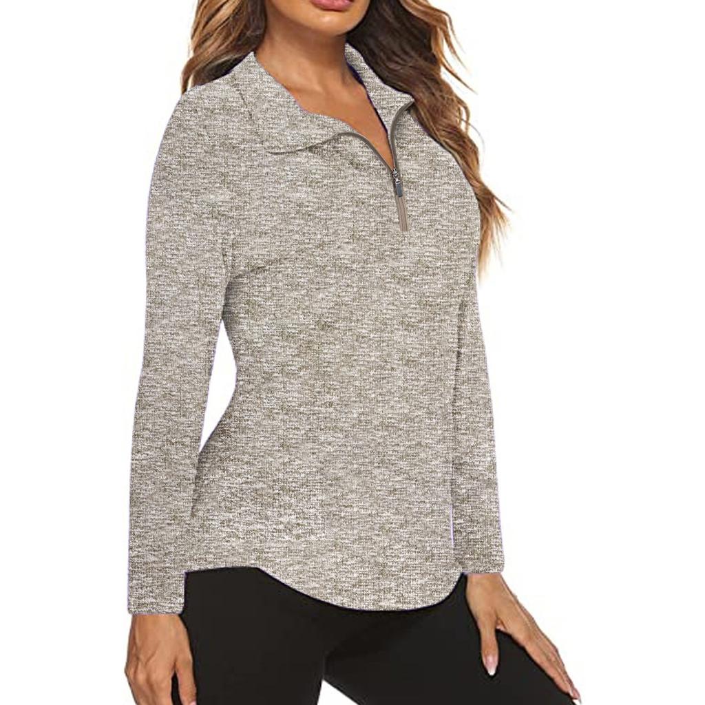 Women's Casual Solid Color Long Sleeve Breathable V-Neck Golf Tennis Running Sweatshirt Zipper Top