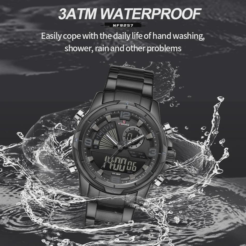 Mens Multifunctional Double-Display Watches Date Stainless Steel Watchband LED Luminous Mode Waterproof Wrist Watch