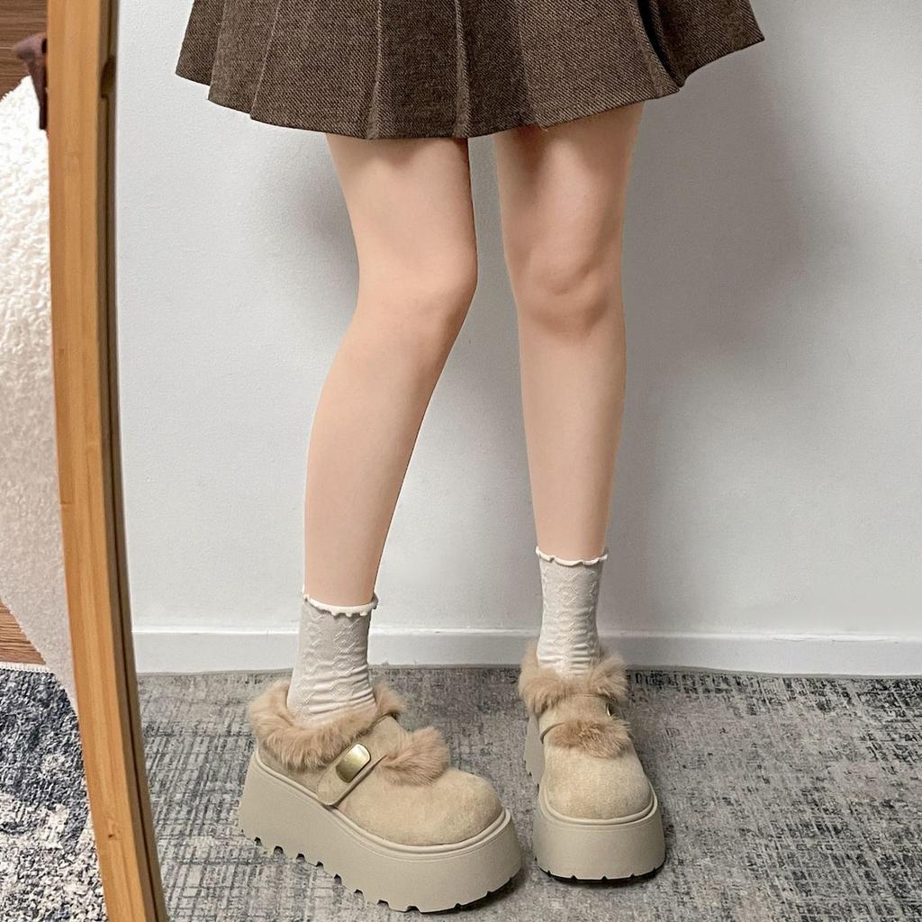 Height-increasing muffin fashion versatile Birkenstocks popular retro thick-soled fluffy cotton shoes new in autumn and winter