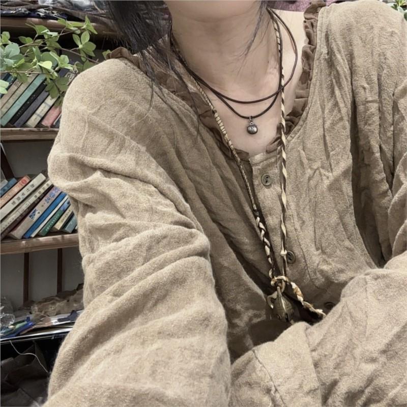 Johnature Women Vintage Shirts Tops Long Sleeve Chinese Style Blouses Button Solid Color Women Shirts