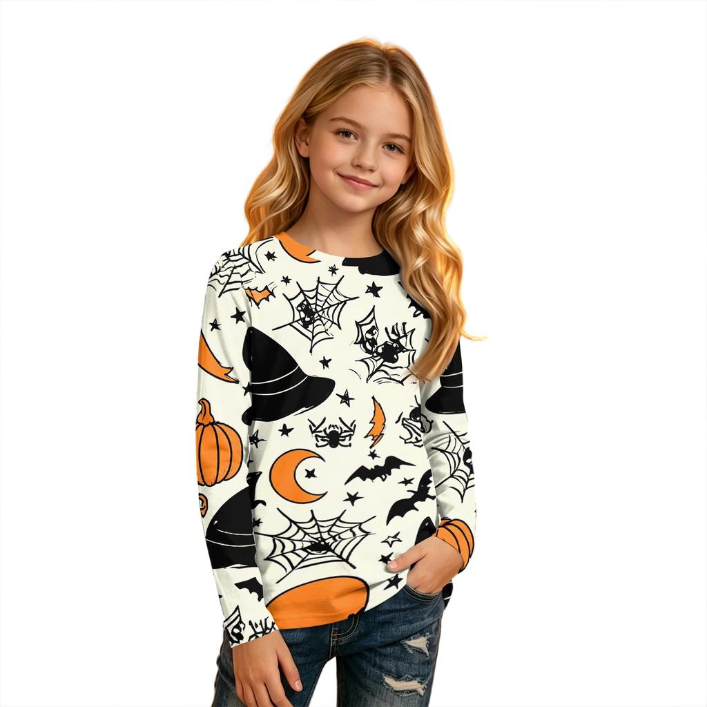 Children's Halloween Print Long Sleeve Neck T-Shirt for Boys Girls