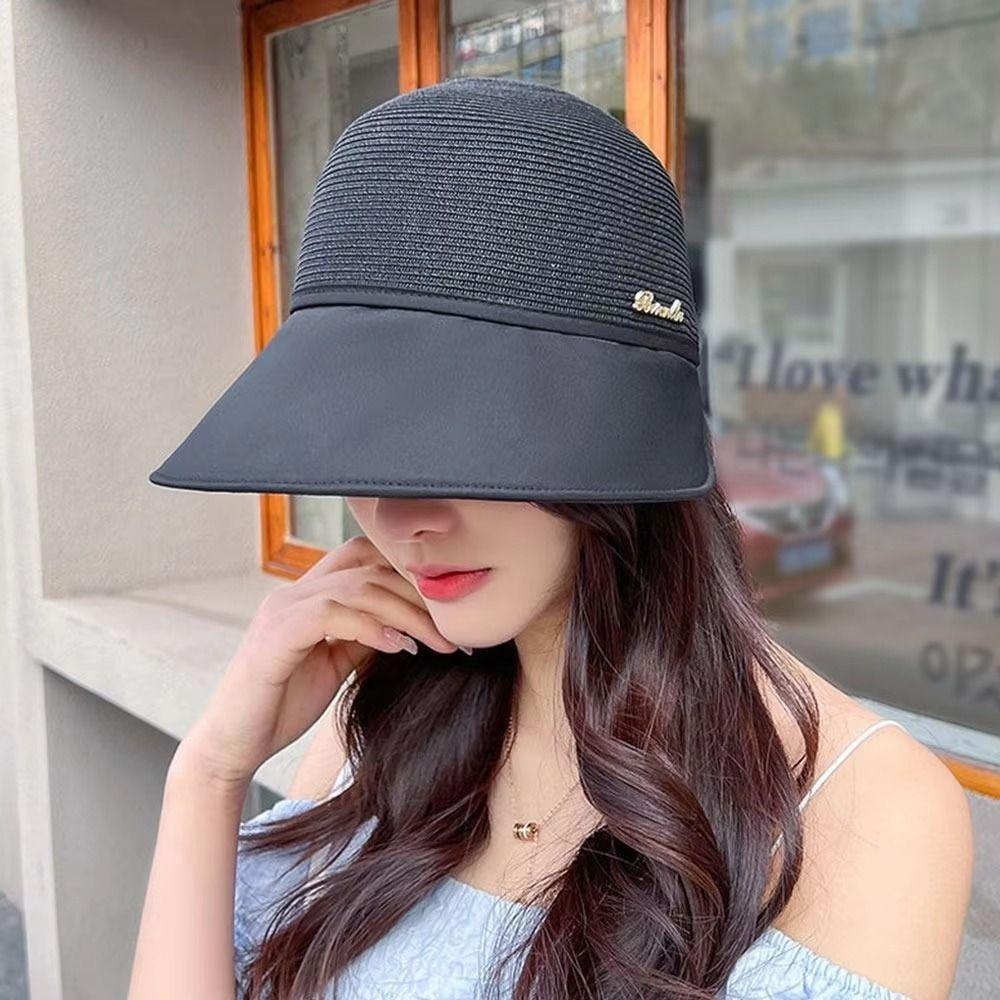 Solid Color Sunshade Cap UV Protection Bucket Sunhat Simple Women's Straw Hat  Outdoor