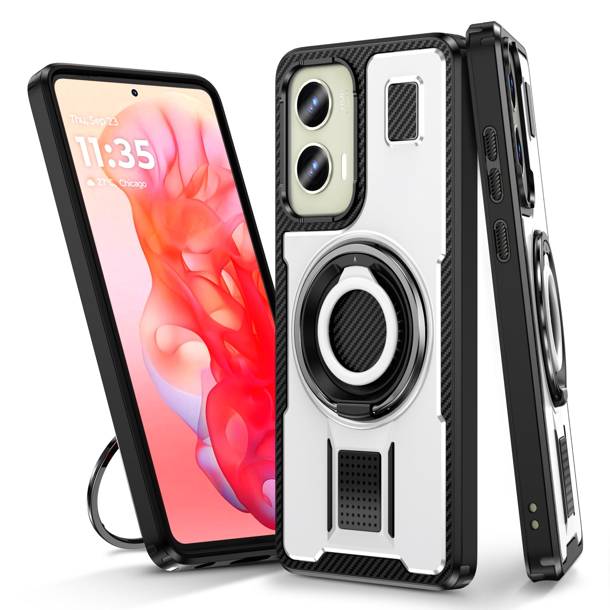 

For Motorola Moto G Stylus 5G (2024) Case TPU+PC Kickstand Phone Cover with Silicone Finger Strap White