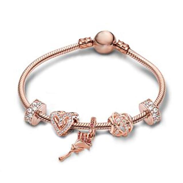 European Heart-shaped Pendant Charm Bracelet Fit Women's Jewellery Snake Chain Rose Gold Metal Fashion Fine Bracelets