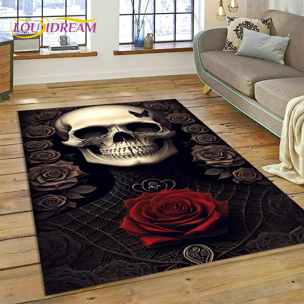 Skull Dead Girl 3D Gothic Horror Female Rose Rug Carpet for Living Room Bedroom Decor,Non-slip Decoration for Sofa Doormat Gift
