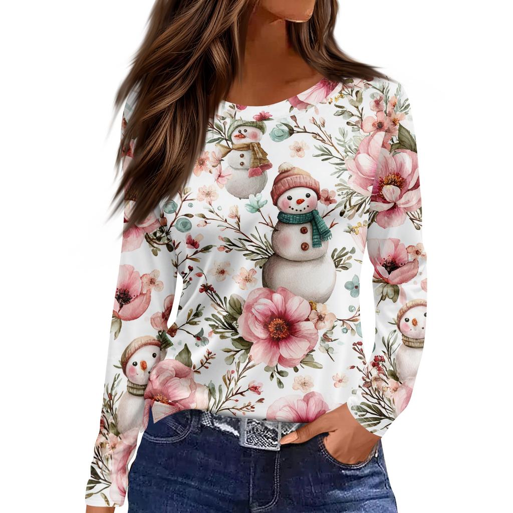 Dame Mote Casual Slitt Kant Rund Hals Langermet Løs Trykket T-skjorte Topp