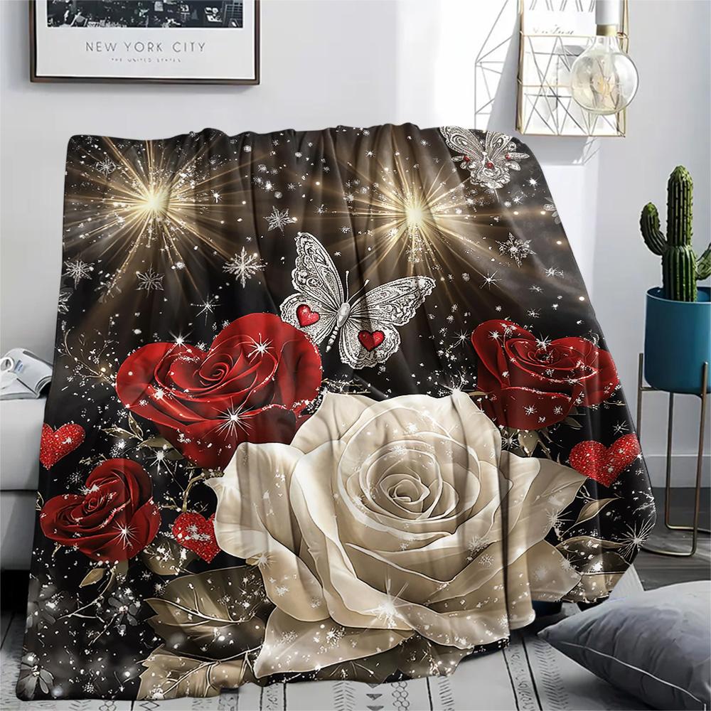Flanelowy koc z nadrukiem czerwonych i białych róż, Wysoka jakość, Komfortowy na wszystkie pory roku, Wystrój domu, Ciepło i komfort, Idealny na prezenty świąteczne