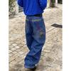Womens Loose Fit Straight Leg Jeans Spider Print Back Pockets Mid Waist Casual Denim Pants