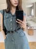2026 Spring/Summer Women's Retro Sleeveless Denim Dress with Belt