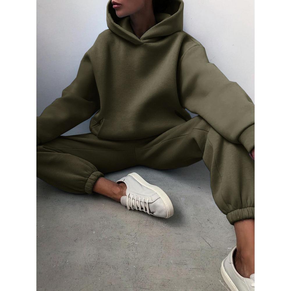 GMXIA Autumn and Winter Loose, Fleece and Thick Women's Set, Sporty, Casual and Fashionable, Solid-color Hooded Sweatshirt and Skinny Pants Set