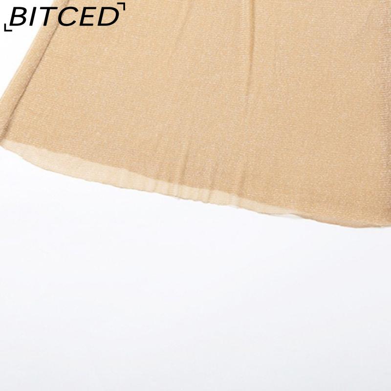 BITCED Fall Women's Solid-Color Slim-Fit High-Waisted Fashion O-Neck Long-Sleeve Mesh Dress