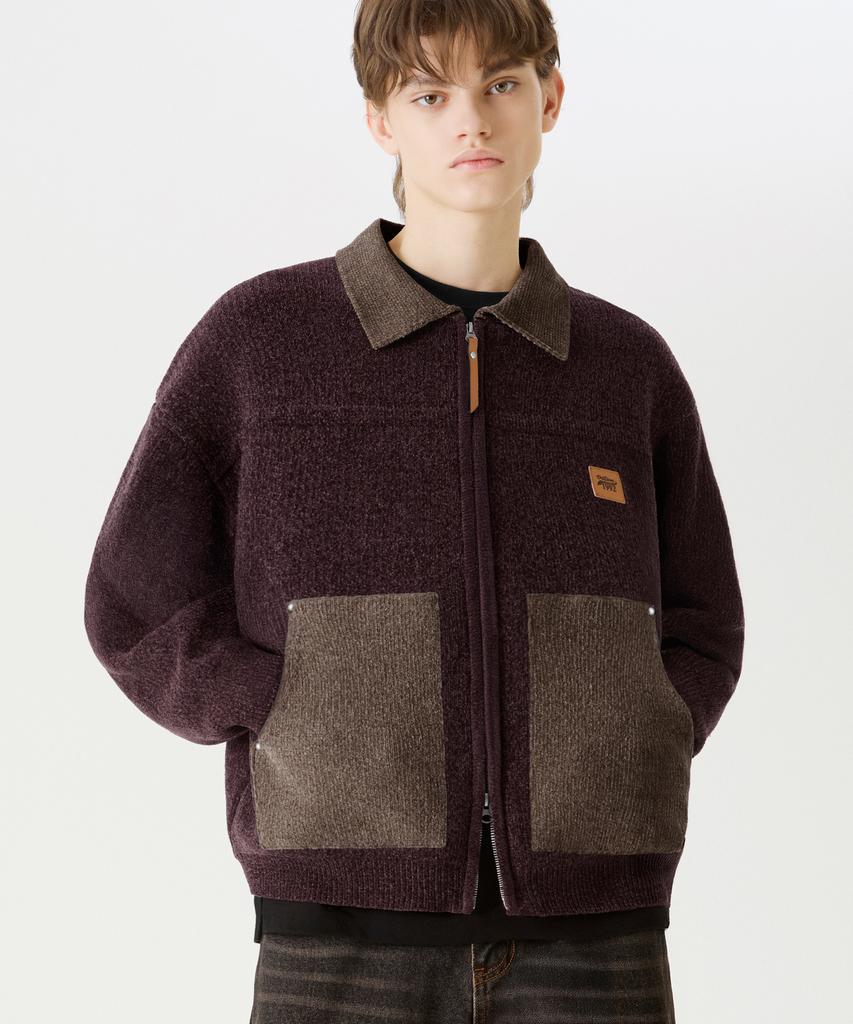 TRILLION Color Work Collar Zip-Up Knit Jacket [Purple Brown]
