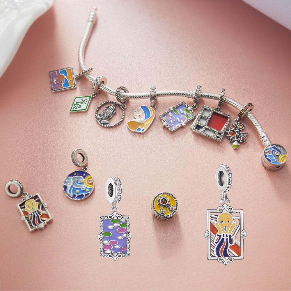 Copper Art Oil Painting Charm Original Sunflower Bead Pendant For Bracelet Women Diy Fashion Jewelry Gift Elegant