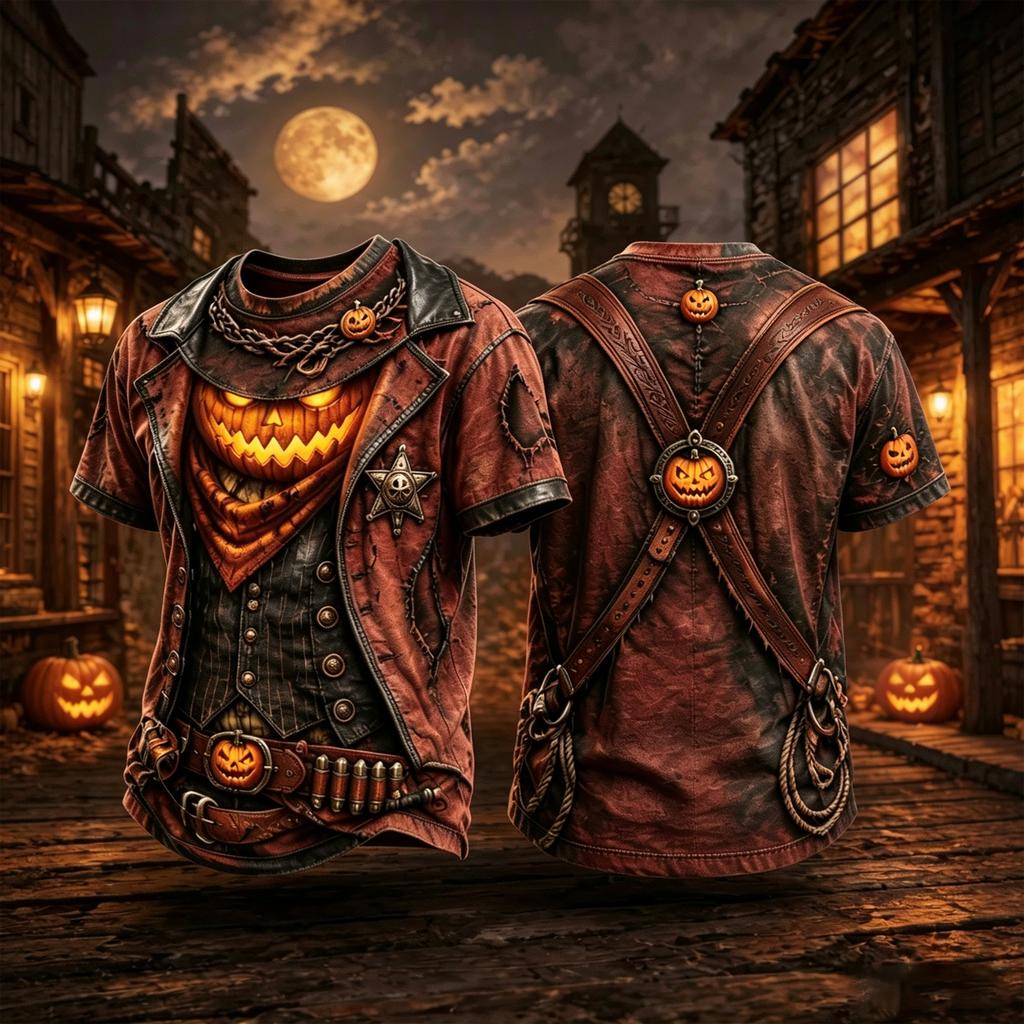 Halloween Pumpkin Sheriff Graphic T-Shirt for Western Theme, Short Sleeve