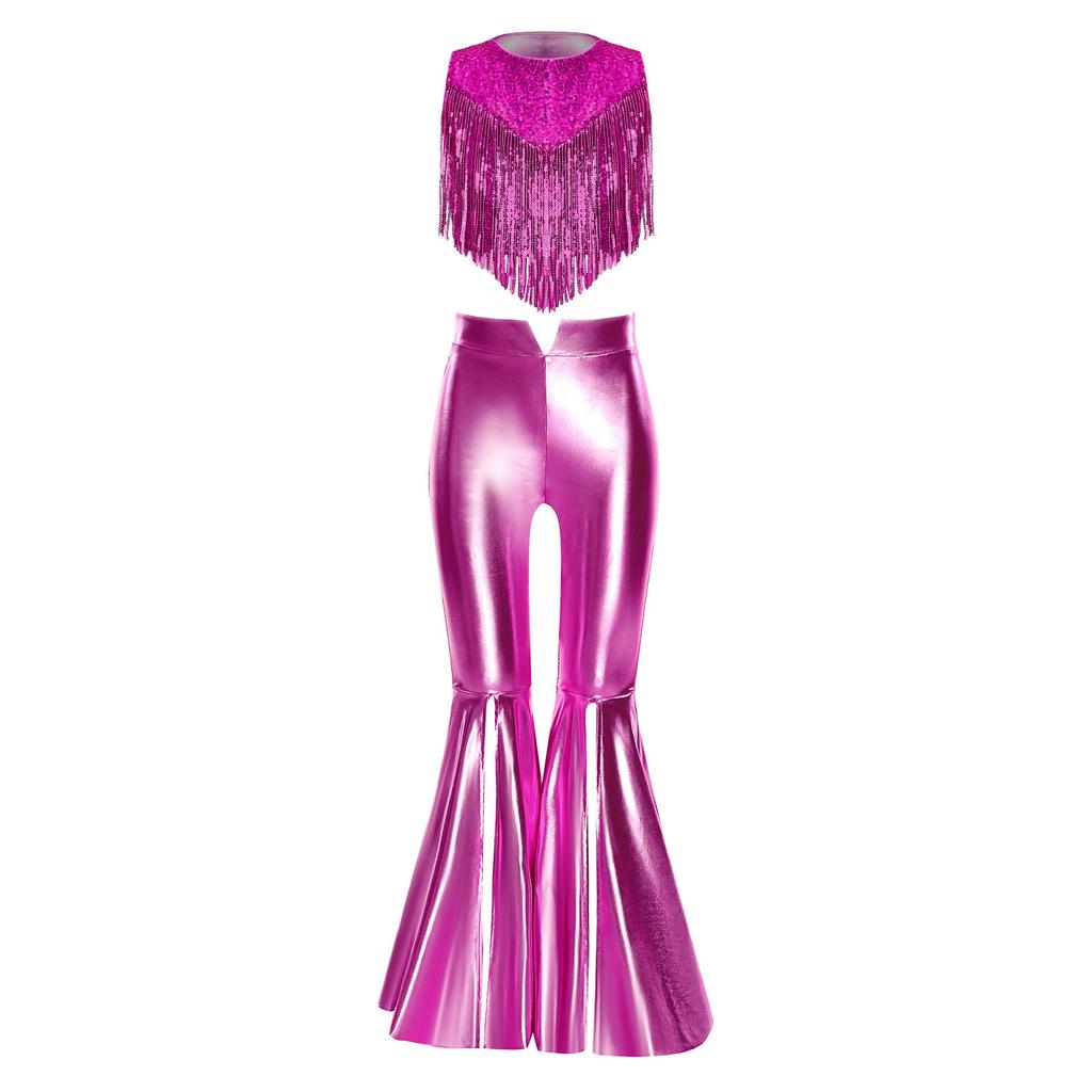 Girls 70s Disco Costume 2 Piece Set Metallic Gloss Sequins Sleeveless Top Split Bell Bottom Pants