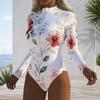 Women Plus Size High Neck Long Sleeve Front Zipper Floral Print One Piece Swimsuit