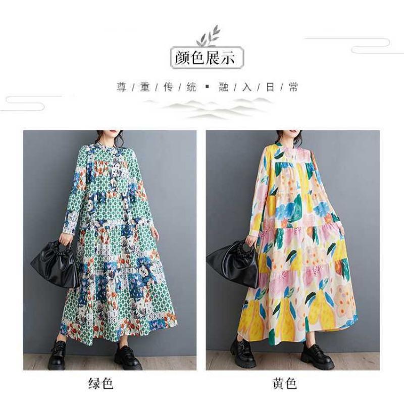 New Large Size Loose Thin Fashion Long-sleeved Printed Mid-length Dresses