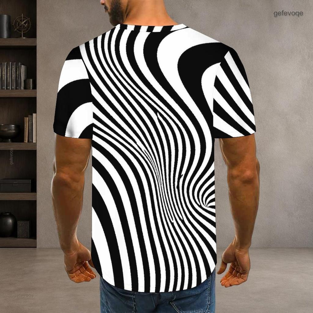 Men Plus Size Round Neck Short Sleeve T Shirt Black White Swirl Stripe Printed Pullover Straight Hem