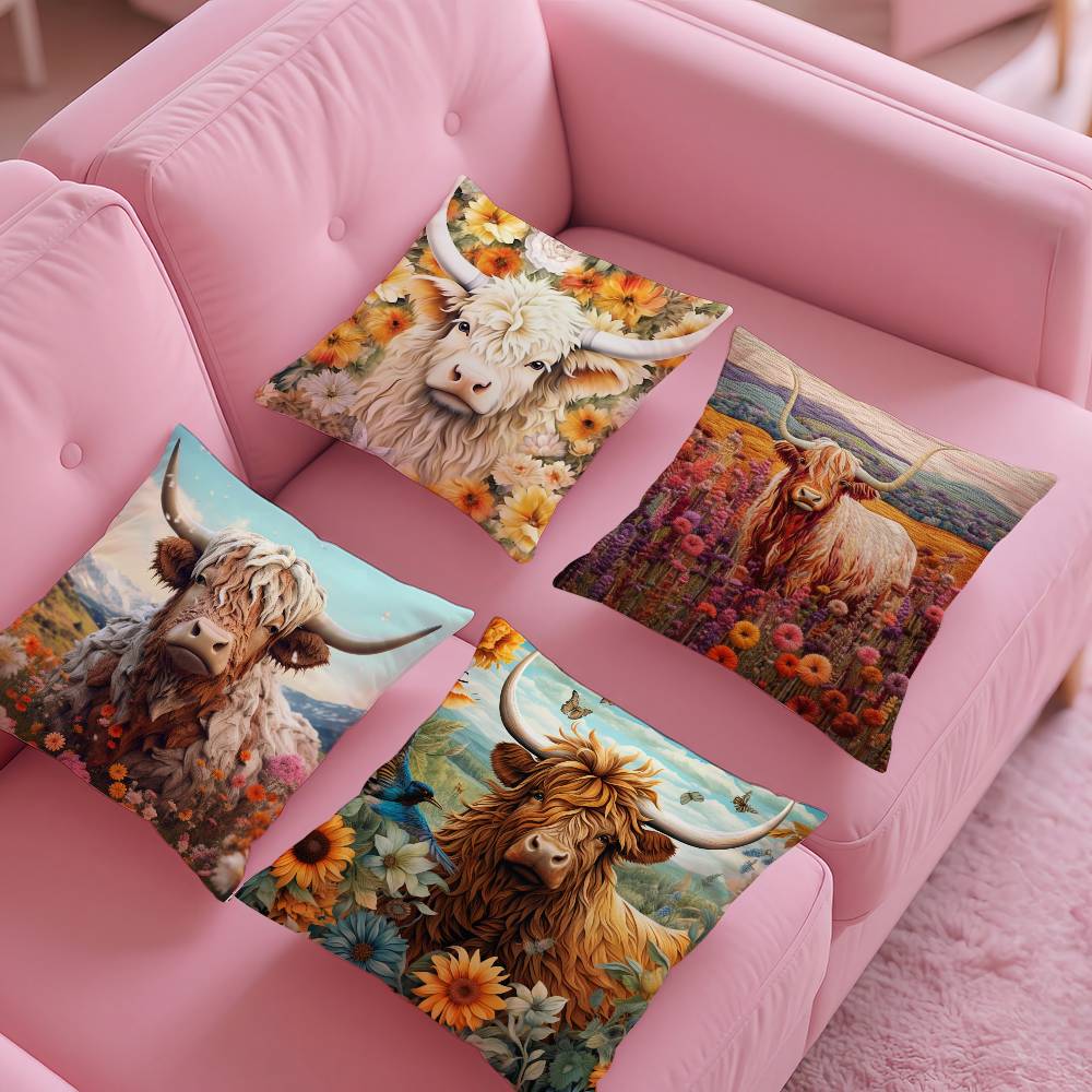 Vibrant Highland Cow Pattern Pillow Case pattern printing pillowcase living room sofa cushion cover bedroom room decor