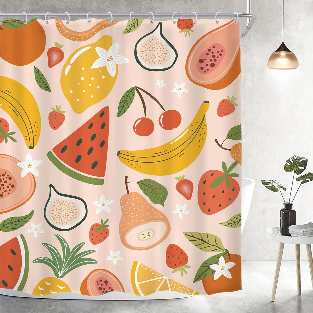Fruit Summer Shower Curtain Strawberry Watermelon Tropical Kids Cute Papaya Lemon Pitaya Cherry Cartoon Colorful Waterproof