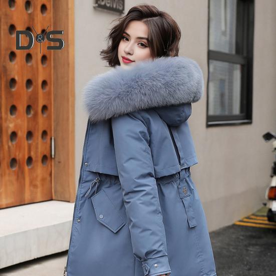 Winter-Daunenmantel, dick gepolstert, Plüschkapuze, mittellang, winddicht, Taschen, lange Ärmel, verstellbarer Kordelzug, Baumwolljacke für den Alltag