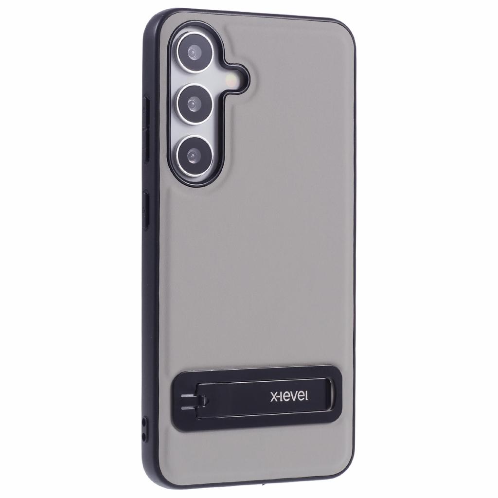 X-LEVEL For Samsung Galaxy S25 Phone Case Leather Coated PC TPU Back Cover with Metal Kickstand