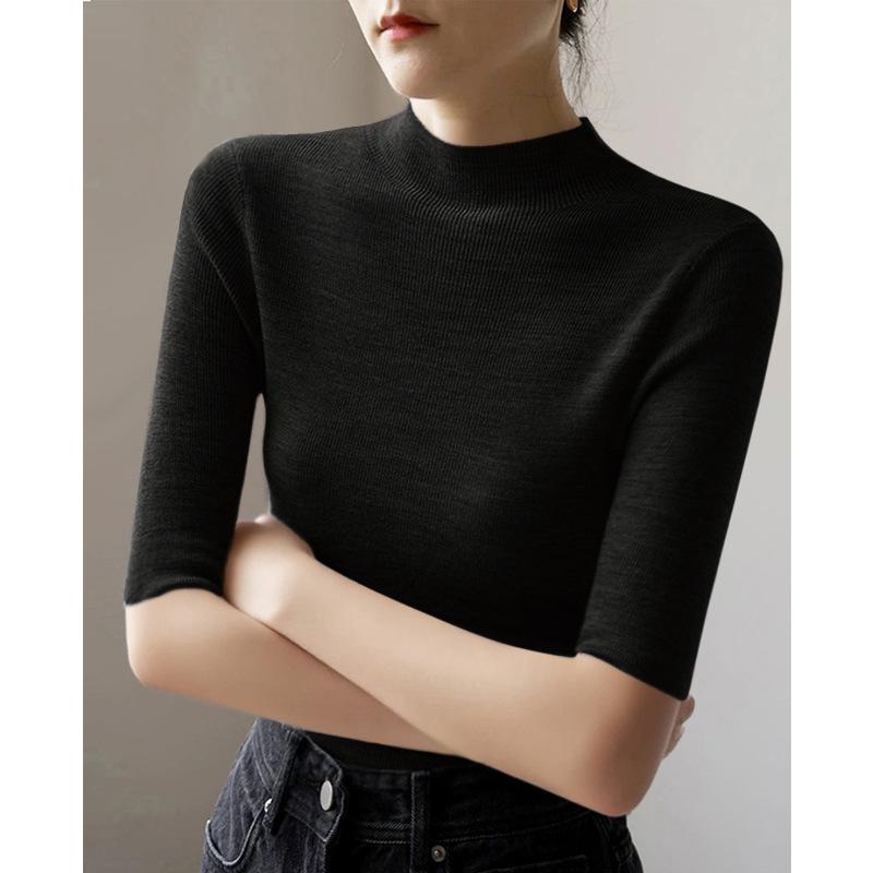 Women Mock Neck Pullover Five‑Quarter Sleeve Slim Knit Sweater Solid Color Basic Undershirt S‑3XL