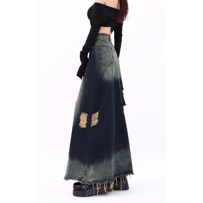 

Оригинальный и креативный дизайн: Шлифование и стирка отходов тяжелой промышленности, почва, А-образная джинсовая юбка с большим краем, рваными краями и дырками 2XL