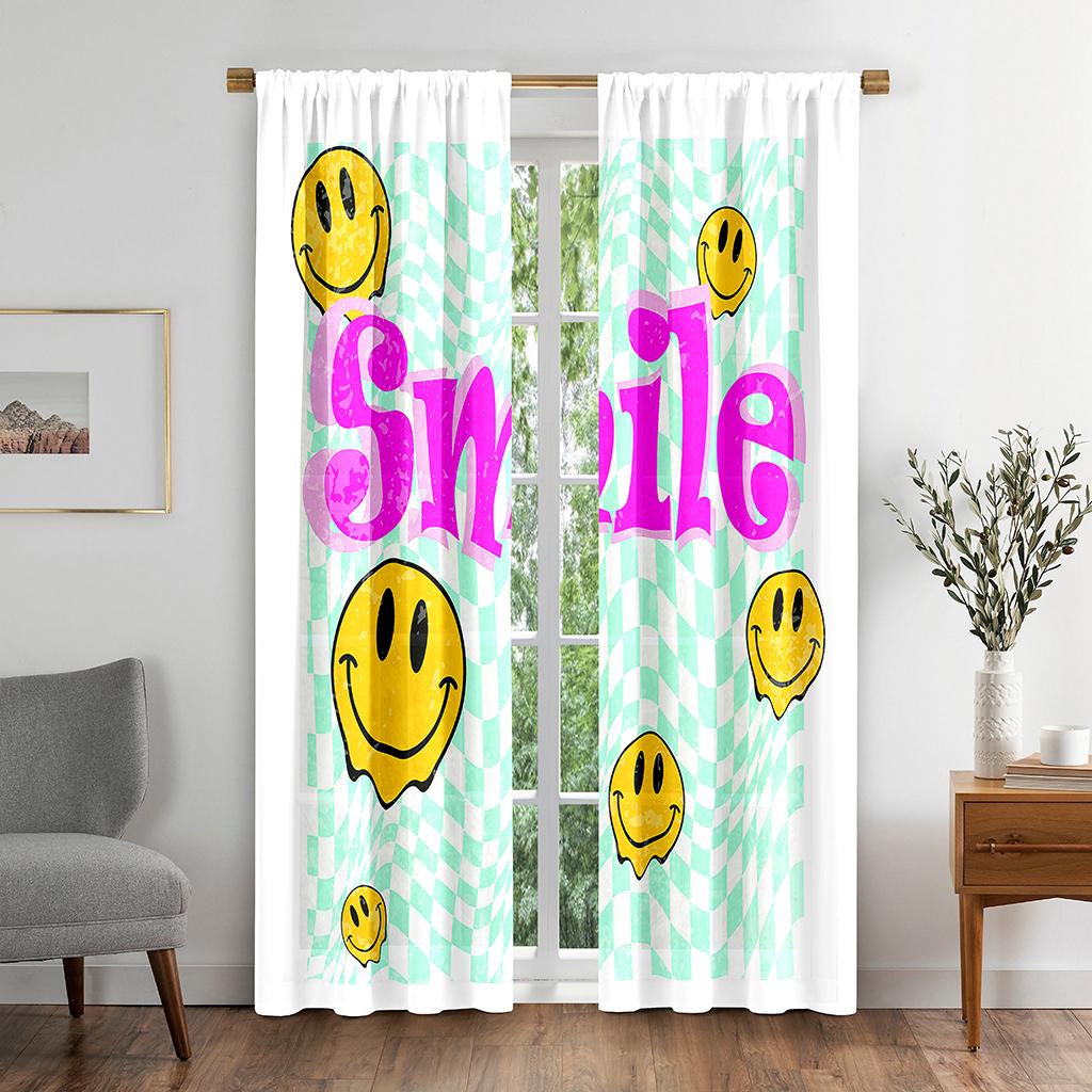

Vintage Style Slogan Smile Face Hipster Graphic Vector Window Panel Curtain Living Room Room Bedroom Bathroom Kicthen Door Cupboard Decor Hooks W50 X H130(CM)X2&Hook