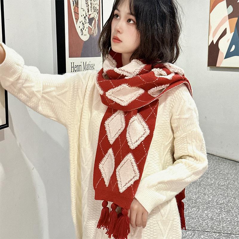 Falling Pool Knitwear Diamond Plaid Christmas Red Scarf, Japanese Style, Warm Women s 150x30 cm