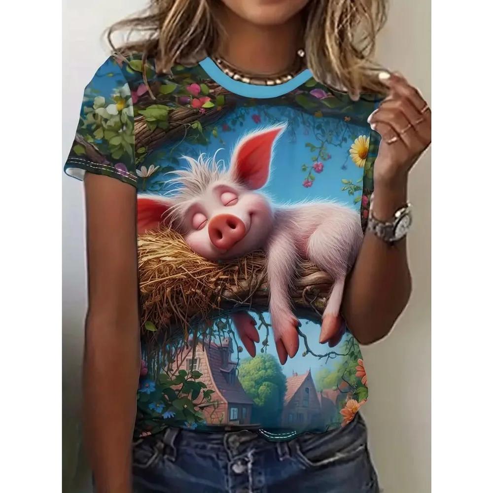 Sommer Damen T-Shirt Kreativ Lustig 3D Gedrucktes Kurzarm T-Shirt Modisch Bequem Weich Atmungsaktiv Groß Locker T-Shirt