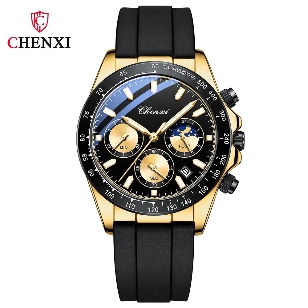 CHENXI Multi-functional Sports Silicone Strap Man Watch Moon Phase Waterproof Chronograph Business Casual Quartz Men's Watches