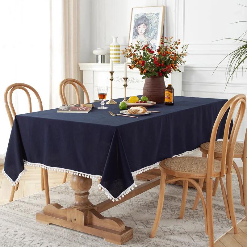 Farmhouse Solid Color Tablecloth Rectangle Cotton Fabric Pompom Tassel Table Cover For Kitchen Dinning Wedding Party Decorations