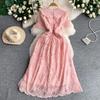 Elegant Pearl Chain Diamon Luxury Embroidery Lace Prom Evening Dresses Women Summer Short Sleeve Hollow Out Midi Long Dress