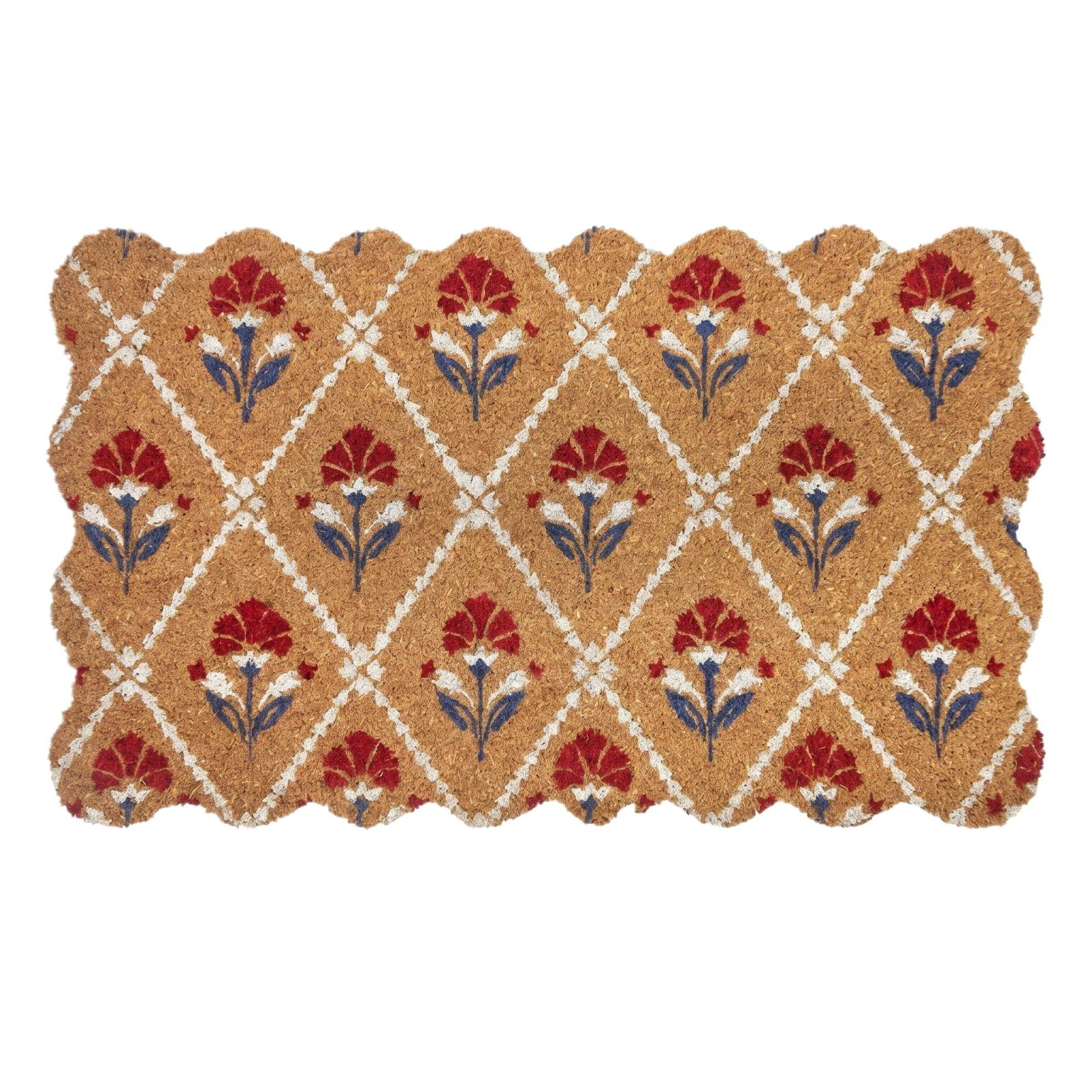 Vintage Floral Patterned Coir Doormat with Wavy Edges Durable Entrance Rug for Indoor Outdoor Use Natural Fiber Floor Mat