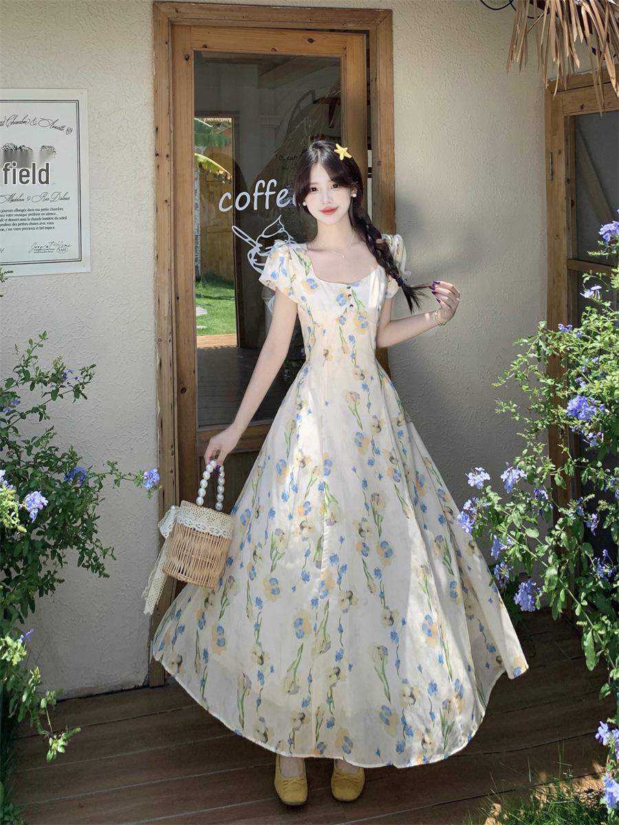 

Plus Size Retro Floral Tea Dress with Slim Waist and Long Skirt XL