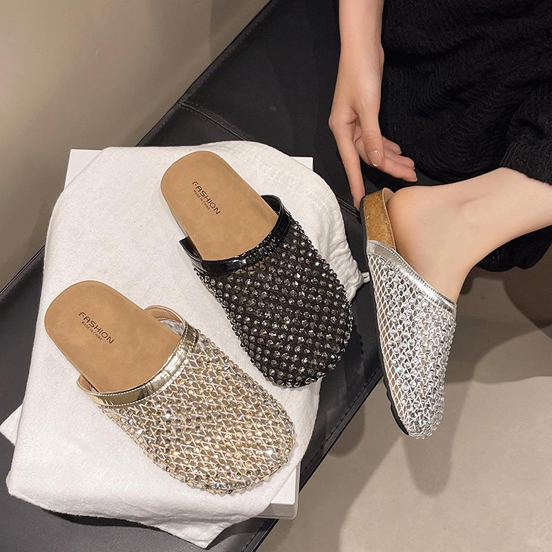 Thick-bottomed mesh rhinestone bag head half slippers women's 2025 summer new outer wear lazy one pedal beach cool slippers