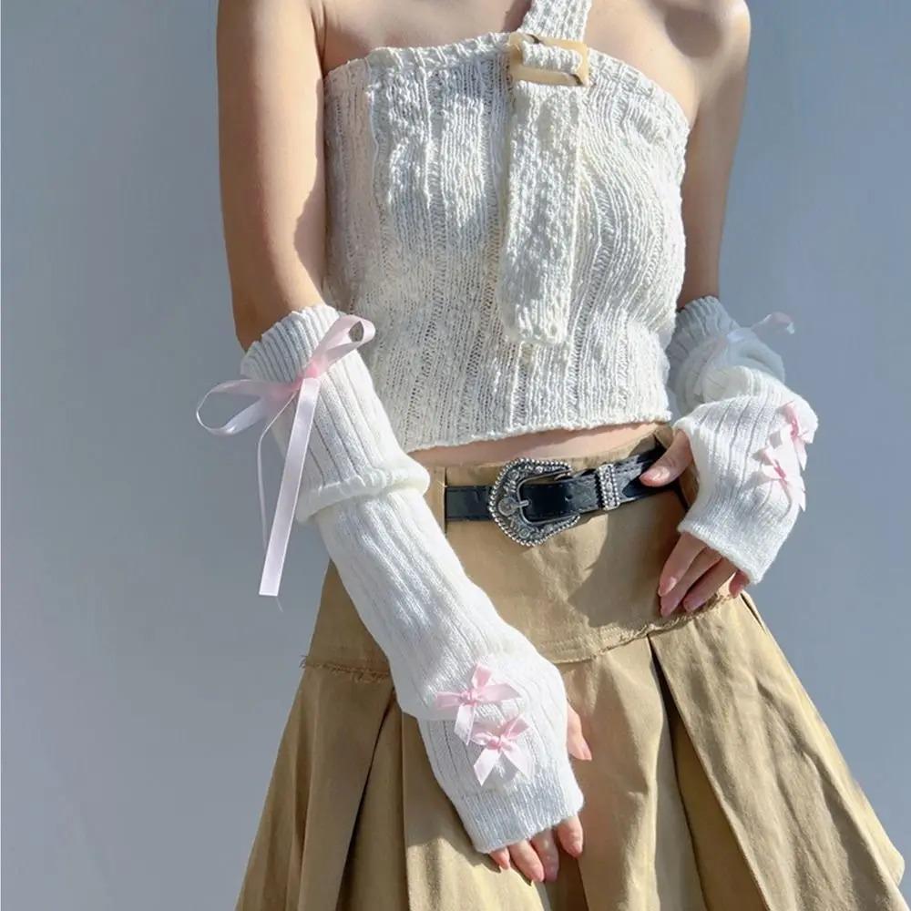 Elastic Knitted Bow Arm Sleeves Ballet Style Half Finger Long Gloves Long Wrist Gloves  Lolita