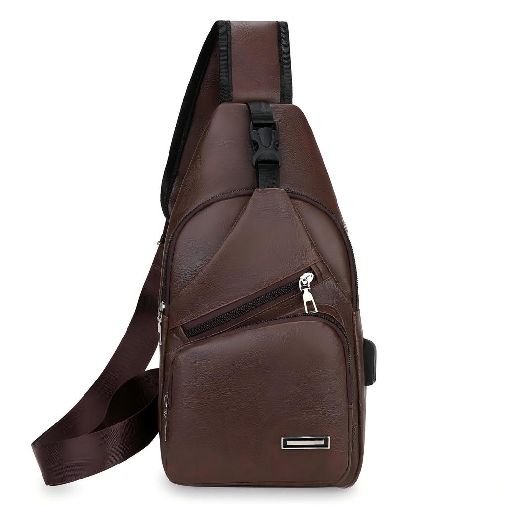 Homefish Simple and Fashionable Casual Solid Color PU Multifunctional USB Charging Zipper Chest Bag Crossbody Bag for Commuting
