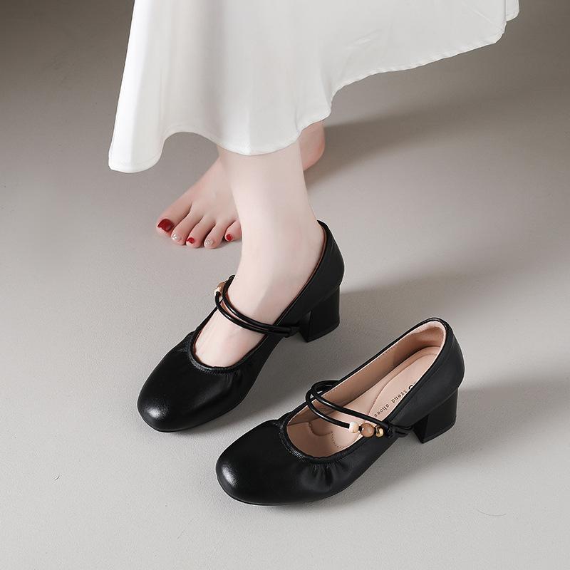 Mary Jane women's shoes 2025 spring and autumn new thick heel shallow mouth single shoes women's medium heel soft leather French temperament small lea