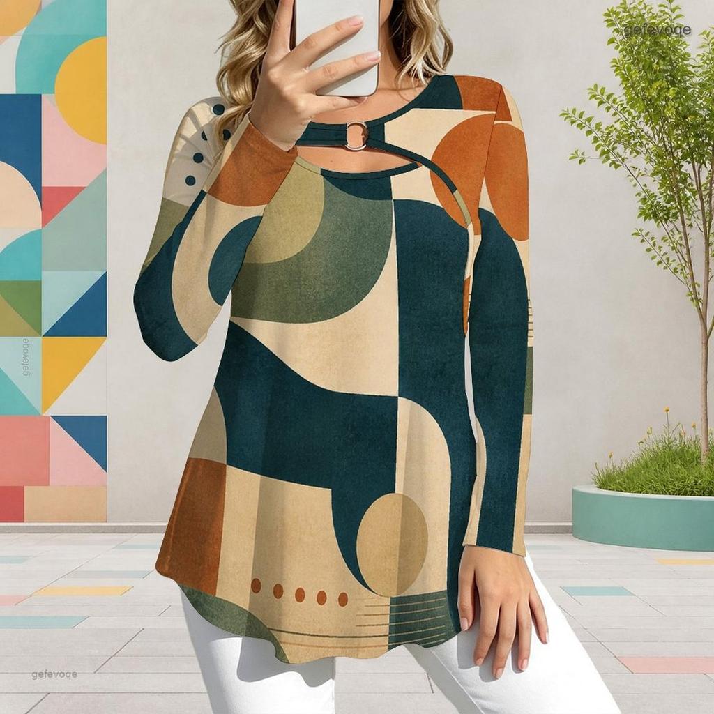 Women Plus Size Keyhole Ring Neck Long Sleeve Printed T Shirt Pink Grey White